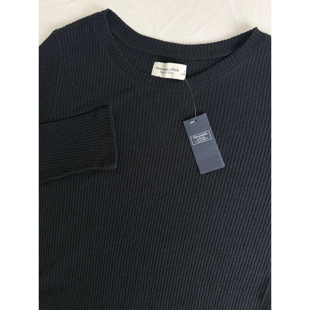 NWT Abercrombie Fitch Black Ribbed Crew Neck Long Sleeve Soft Cozy Women's Large